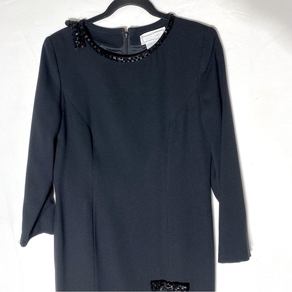 Vintage Simon Chang Black Long Sleeve Midi Dress With Slit And beaded Trim 8 - Picture 14 of 16
